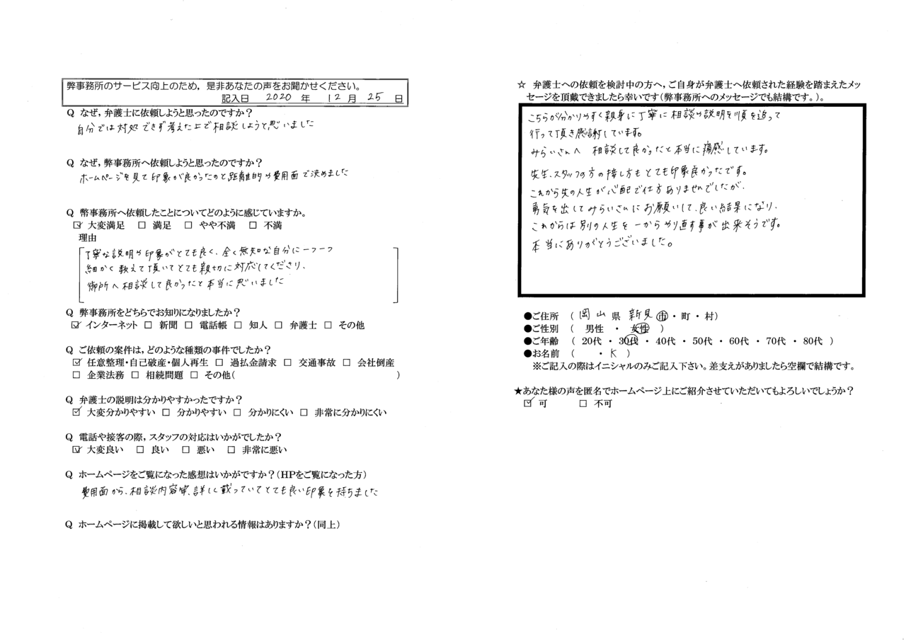 Kさま（岡山県新見市・30代女性・債務整理）からの口コミ